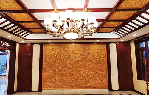 浦北中式别墅客厅中式木作横梁吊顶装饰展示